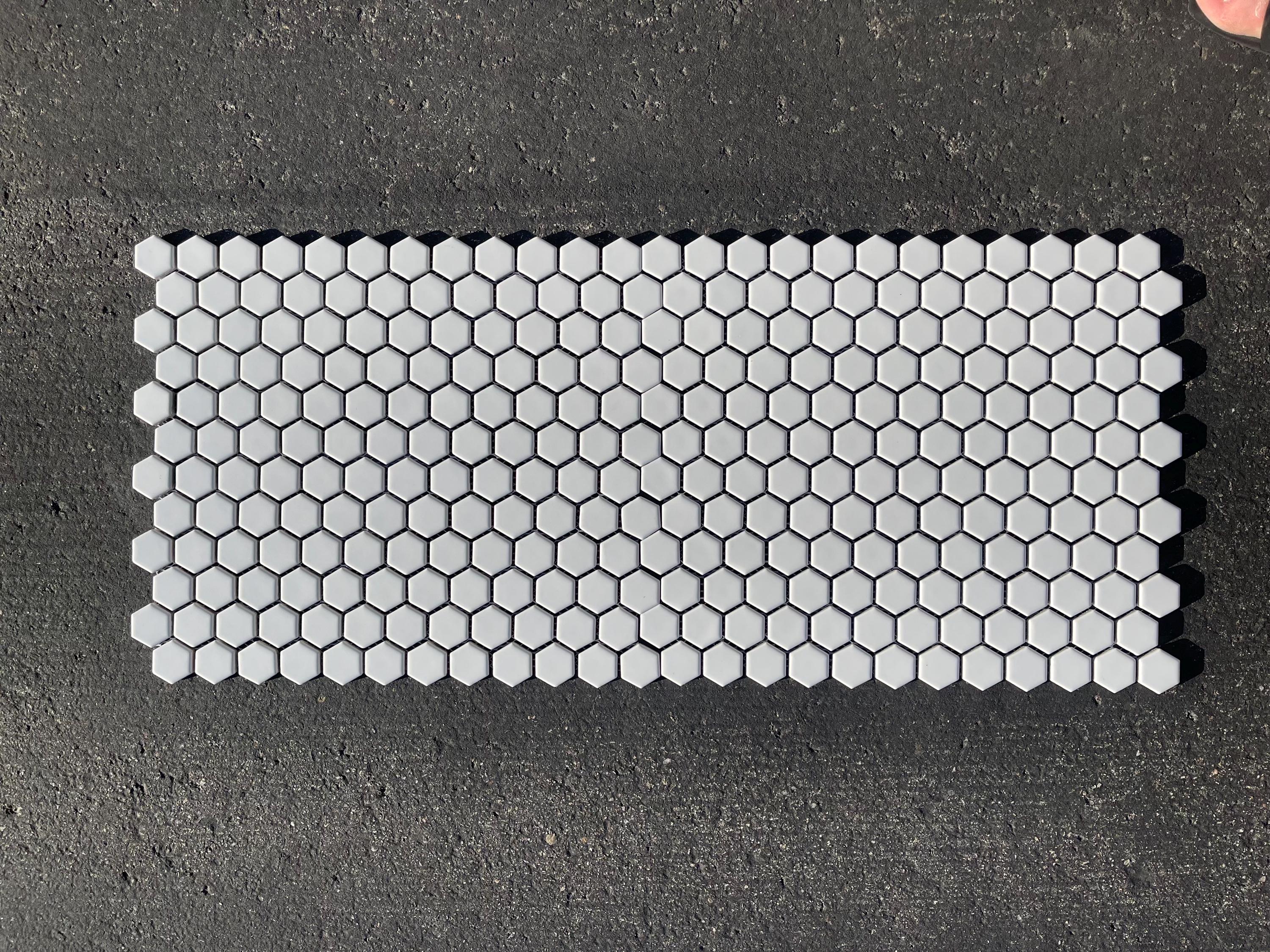 1” hex White Matte Porcelain Mosaic Meshed in 12”x10” sheet