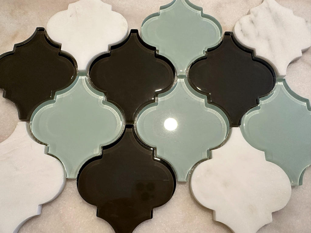 Aqua Blue and White Arabesque 9"x13" Stone and Glass Mosaic