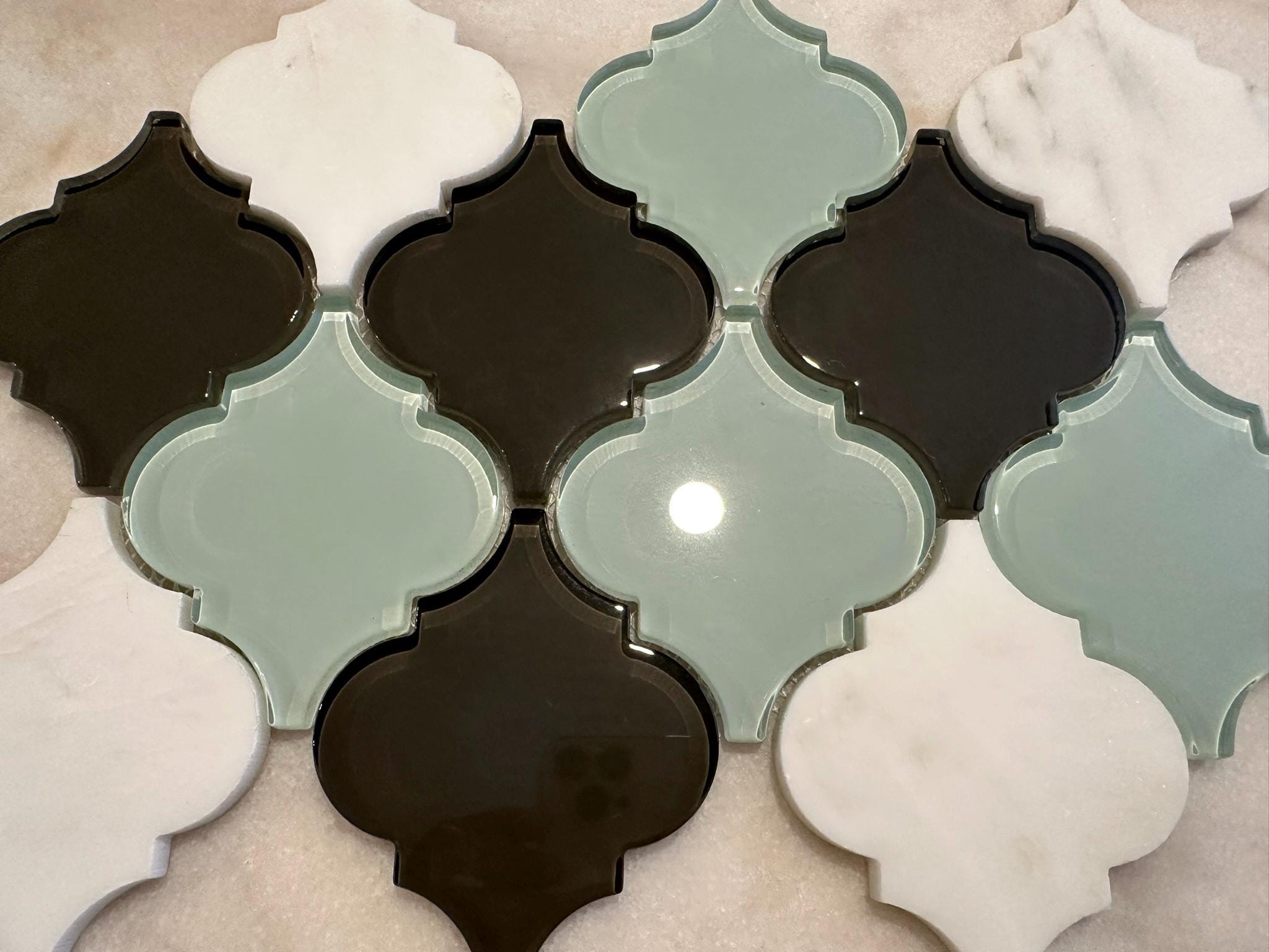 Aqua Blue and White Arabesque 9"x13" Stone and Glass Mosaic