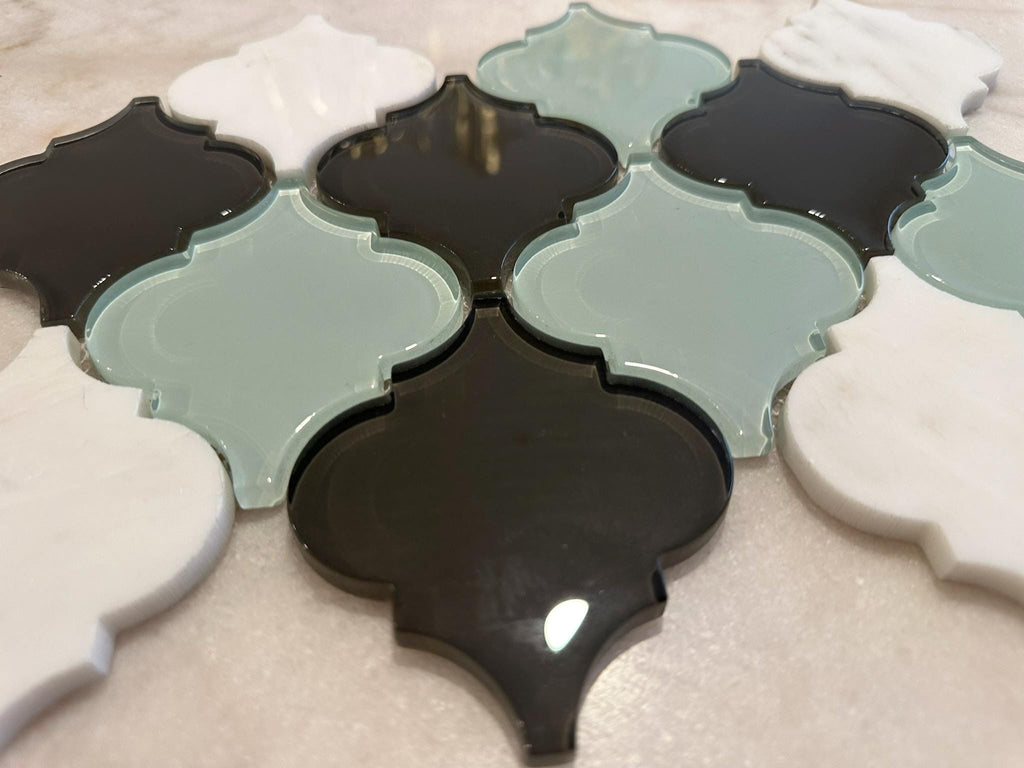 Aqua Blue and White Arabesque 9"x13" Stone and Glass Mosaic