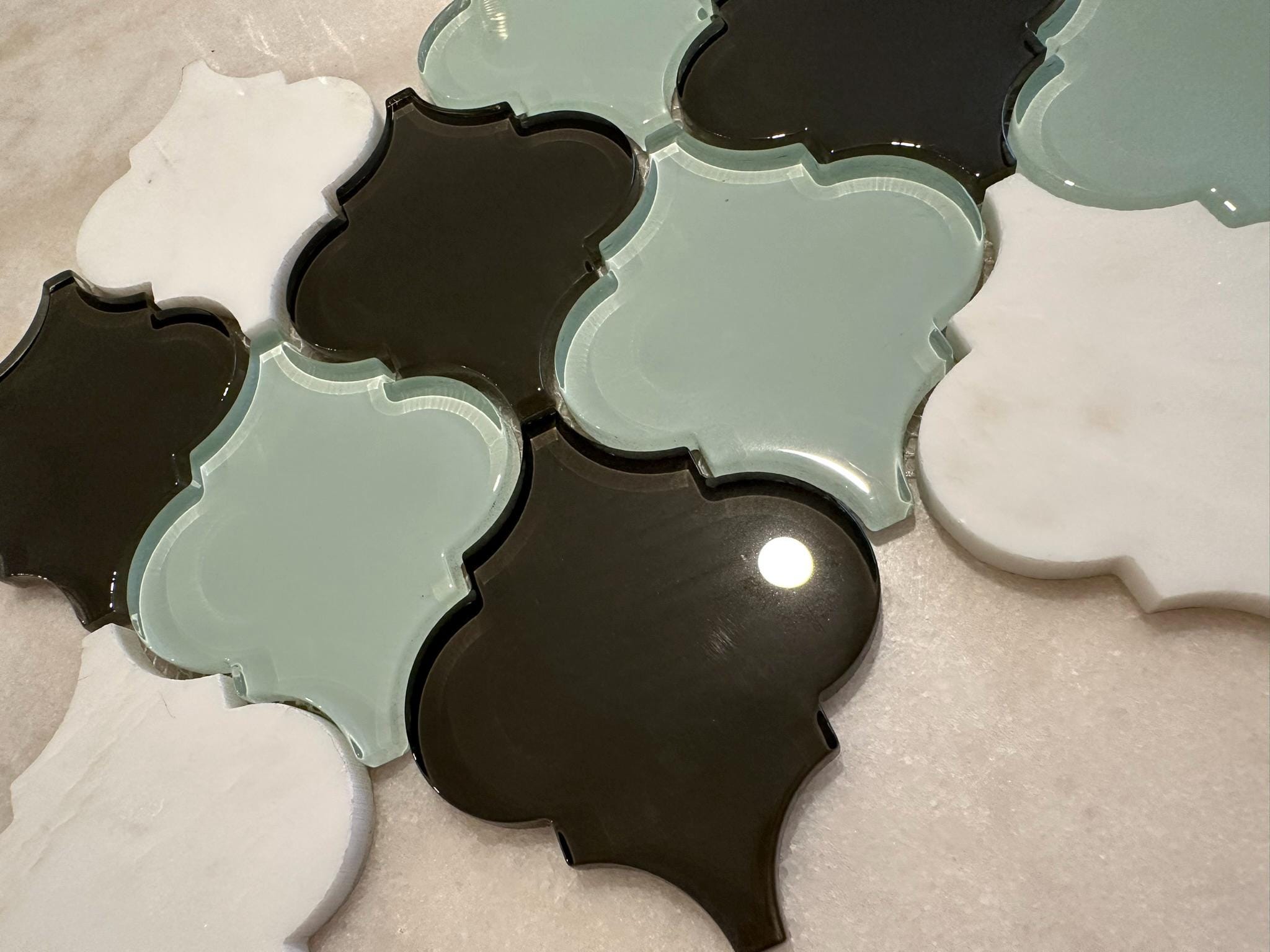 Aqua Blue and White Arabesque 9"x13" Stone and Glass Mosaic