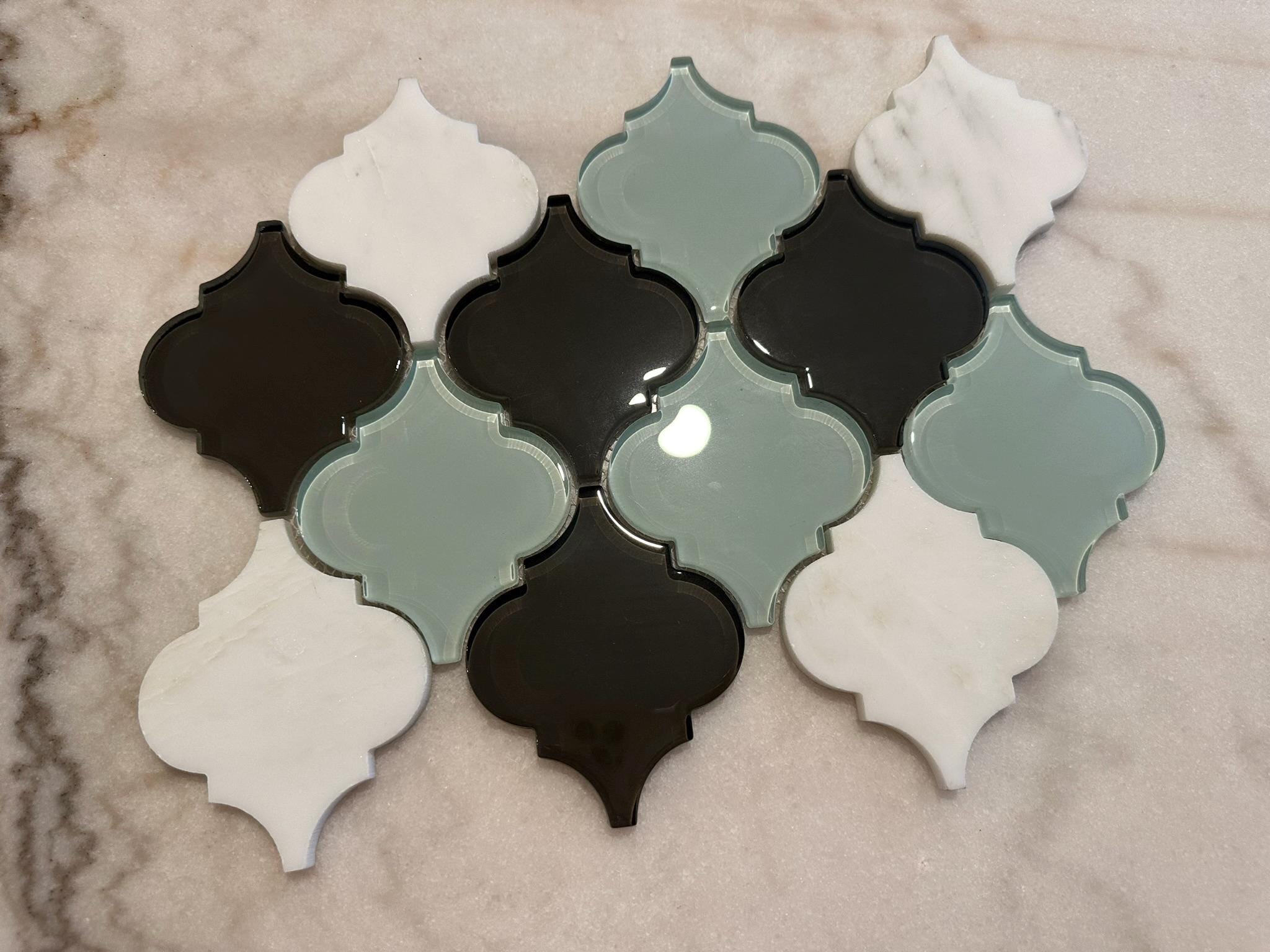 Aqua Blue and White Arabesque 9"x13" Stone and Glass Mosaic