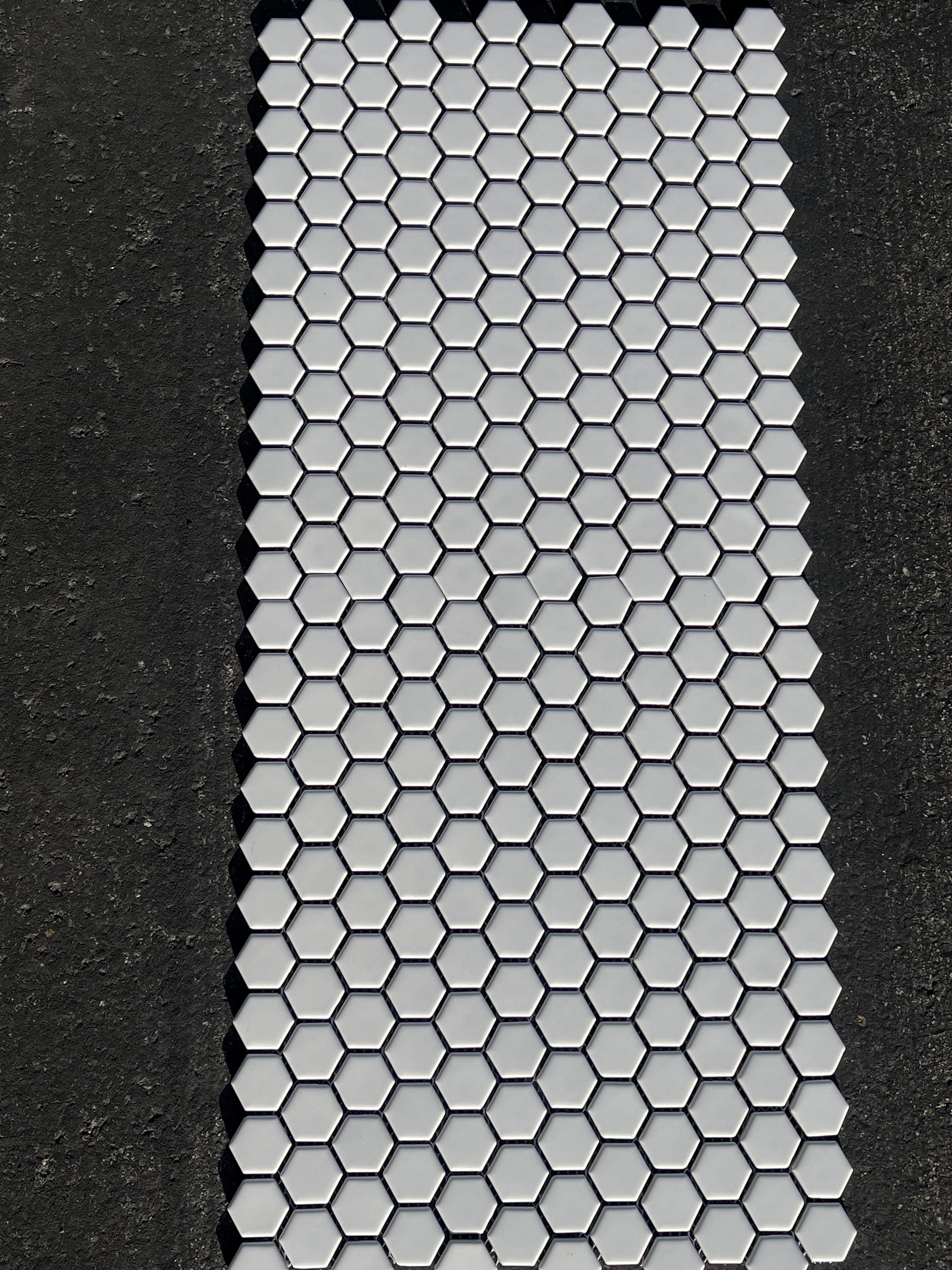 1” hex White Matte Porcelain Mosaic Meshed in 12”x10” sheet