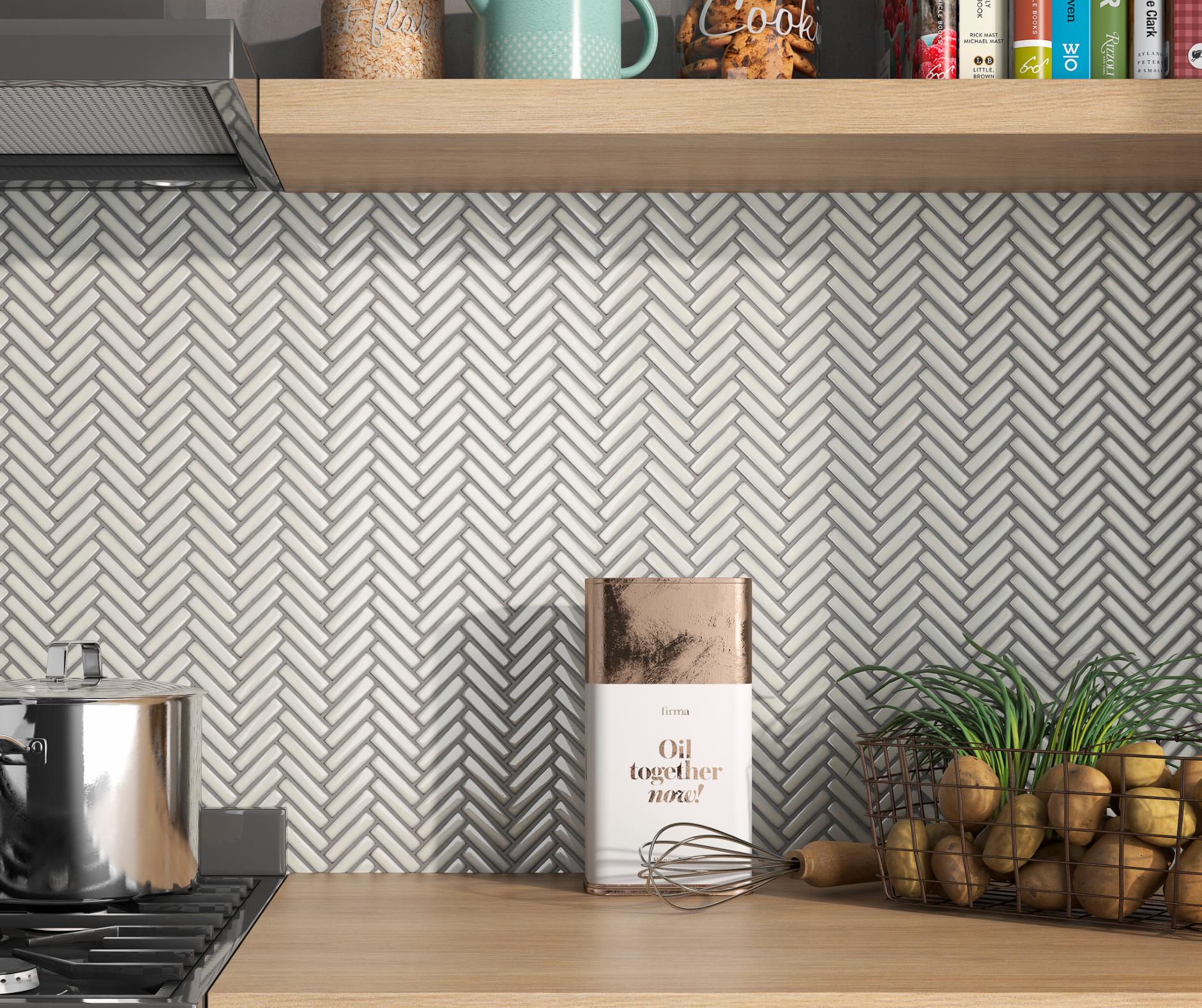 Antique White Herringbone Glossy Mosaic 12"x12" Sheet Porcelain Tile