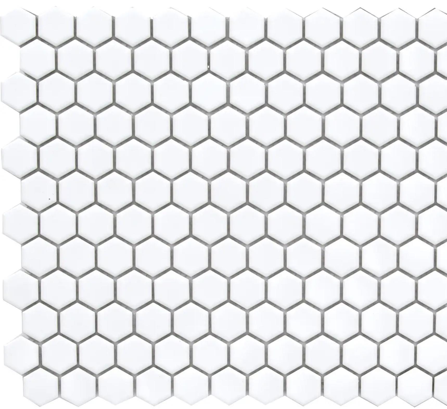1” hex White Matte Porcelain Mosaic Meshed in 12”x10” sheet