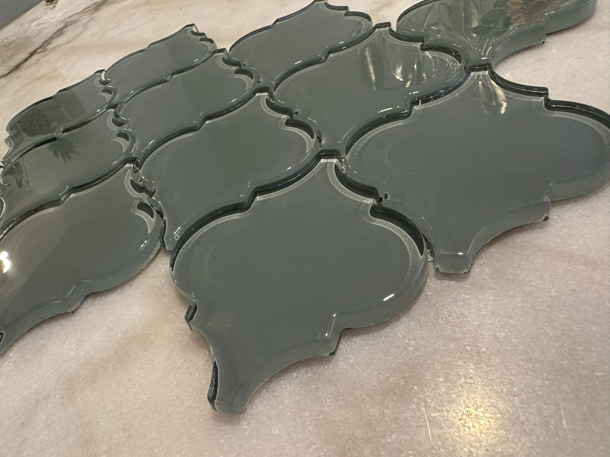 Gray Arabesque Glossy Glass Mosaic 9"x13"