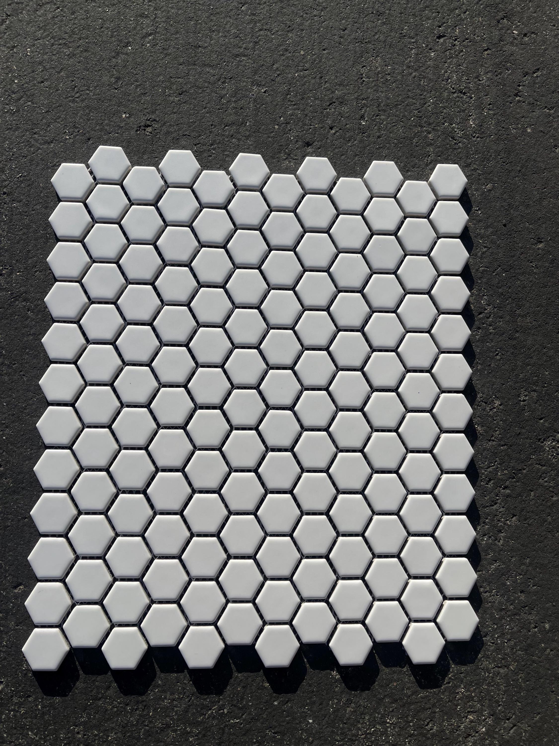 1” hex White Matte Porcelain Mosaic Meshed in 12”x10” sheet