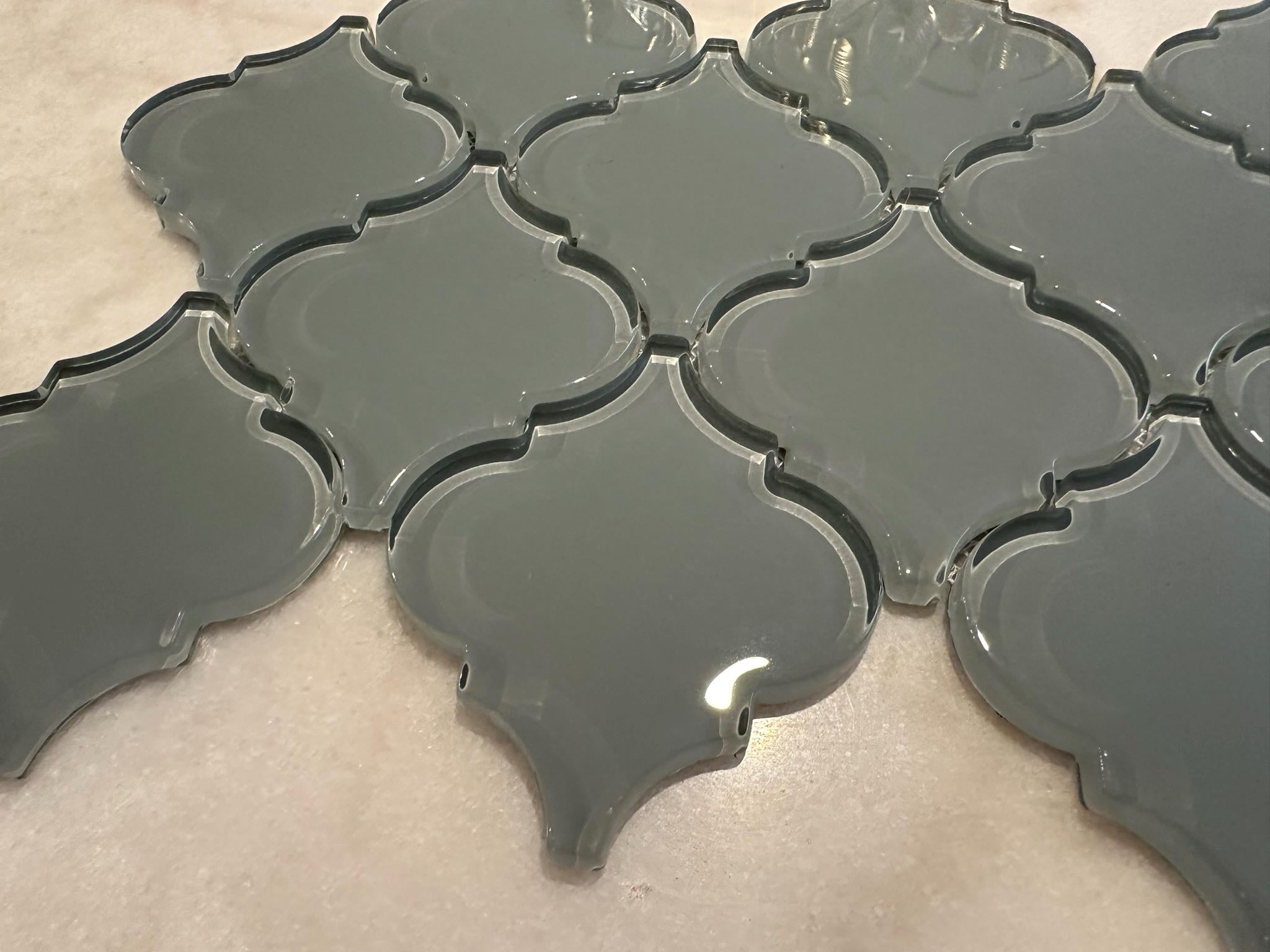 Gray Arabesque Glossy Glass Mosaic 9"x13"