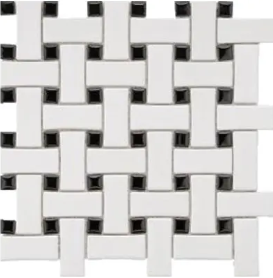 White & Black Matte Basket Weave Mosaic 12"x12"