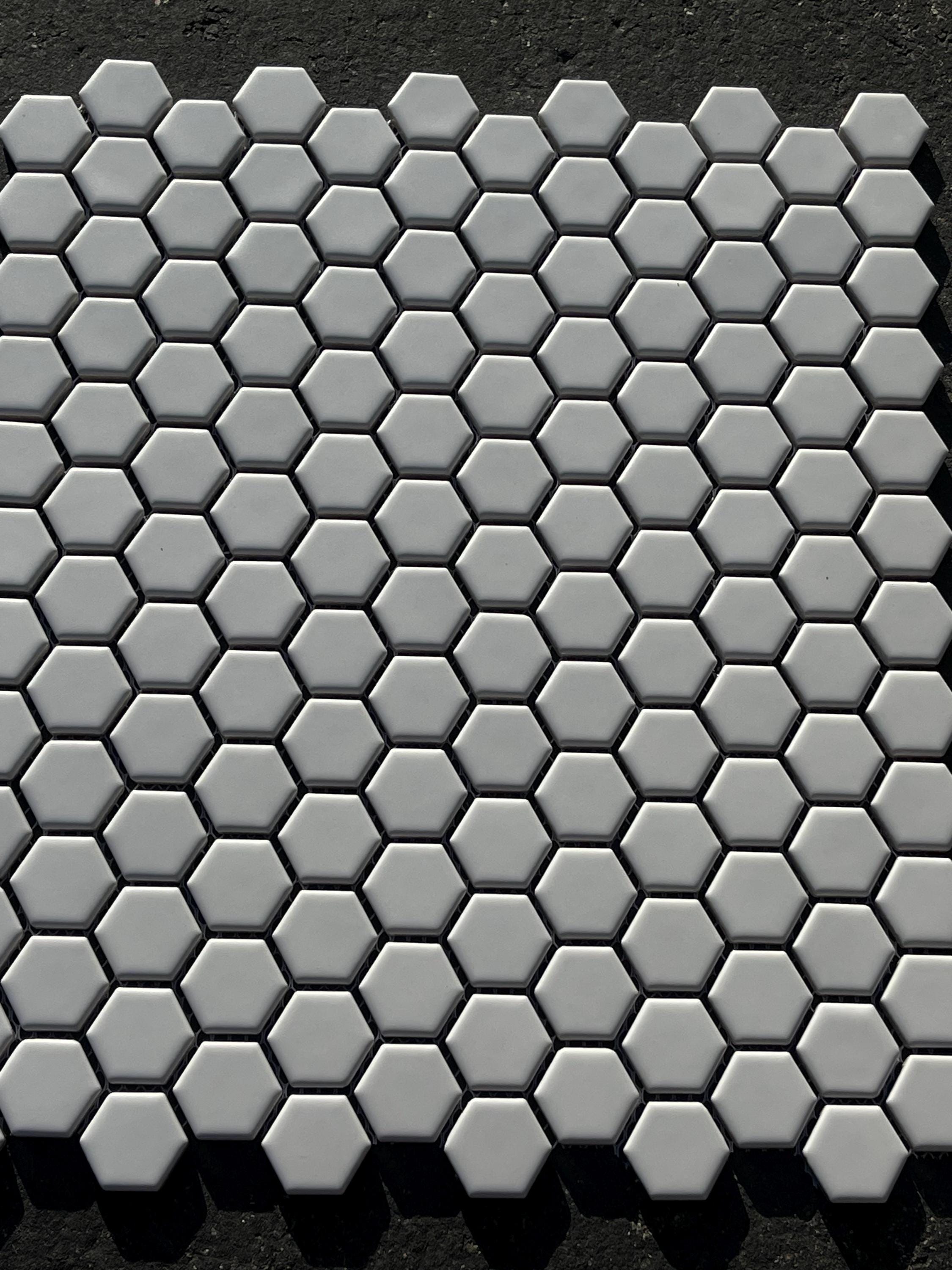 1” hex White Matte Porcelain Mosaic Meshed in 12”x10” sheet