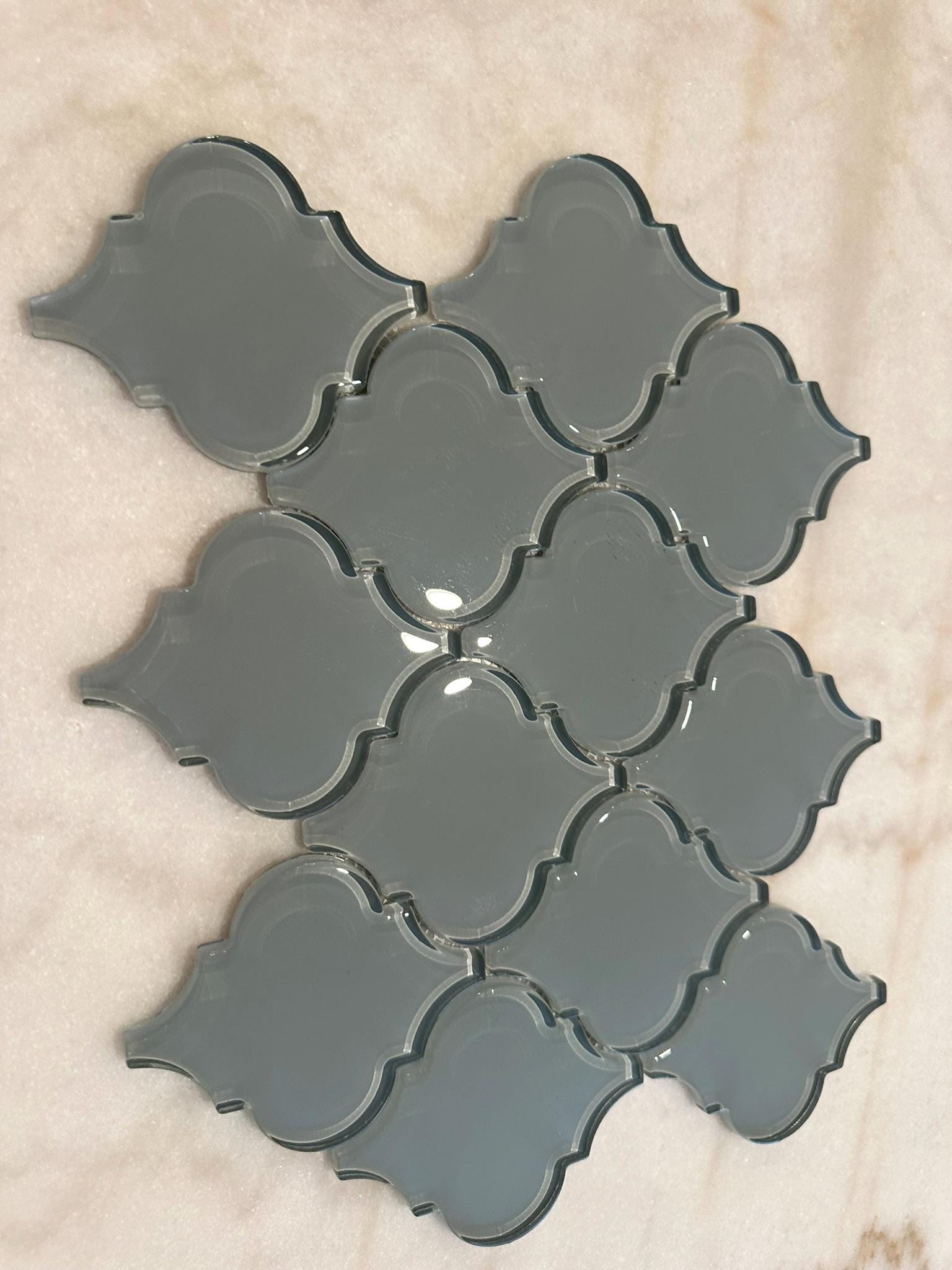 Gray Arabesque Glossy Glass Mosaic 9"x13"