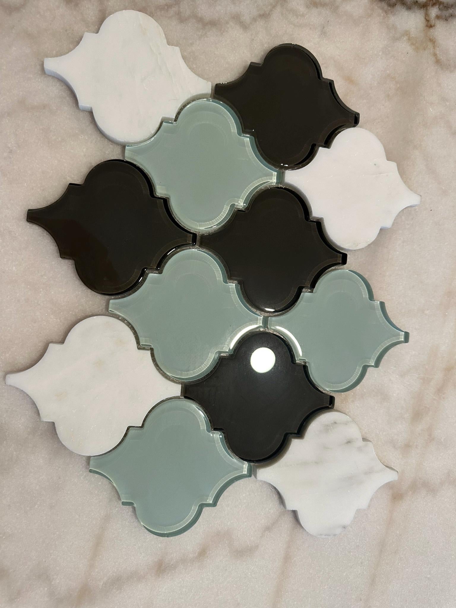 Aqua Blue and White Arabesque 9"x13" Stone and Glass Mosaic