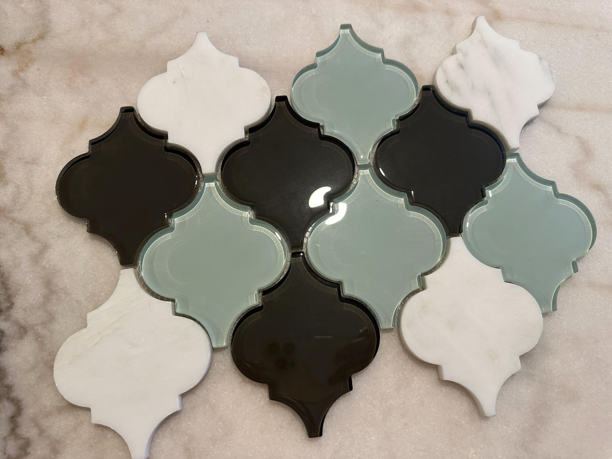 Aqua Blue and White Arabesque 9"x13" Stone and Glass Mosaic