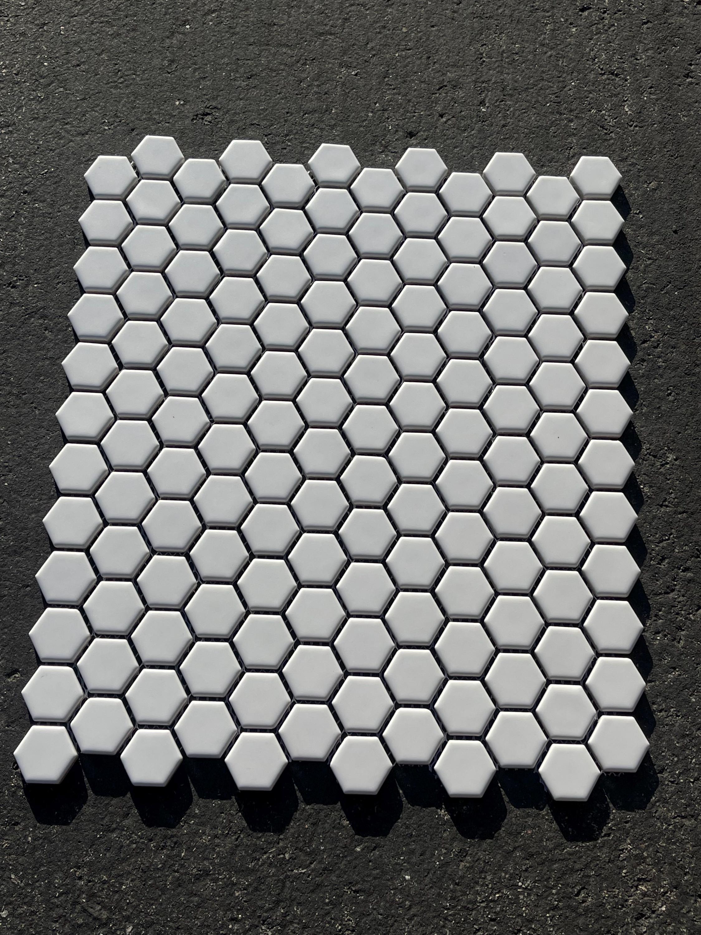 1” hex White Matte Porcelain Mosaic Meshed in 12”x10” sheet