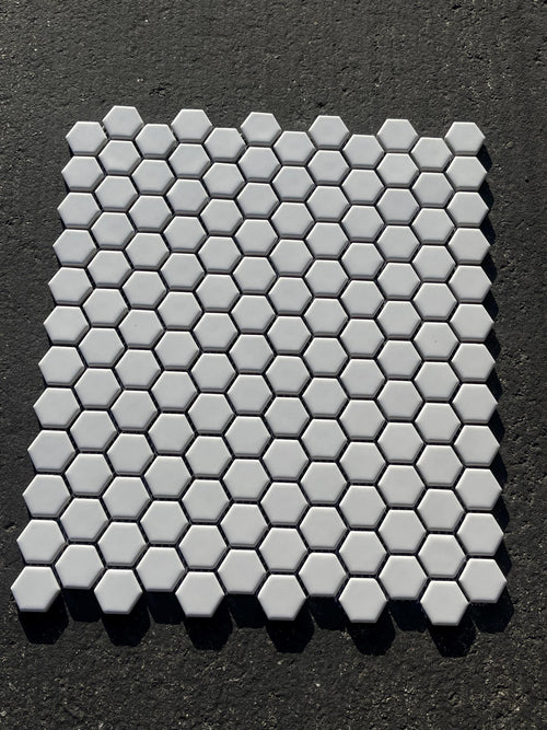 1” hex White Matte Porcelain Mosaic Meshed in 12”x10” sheet