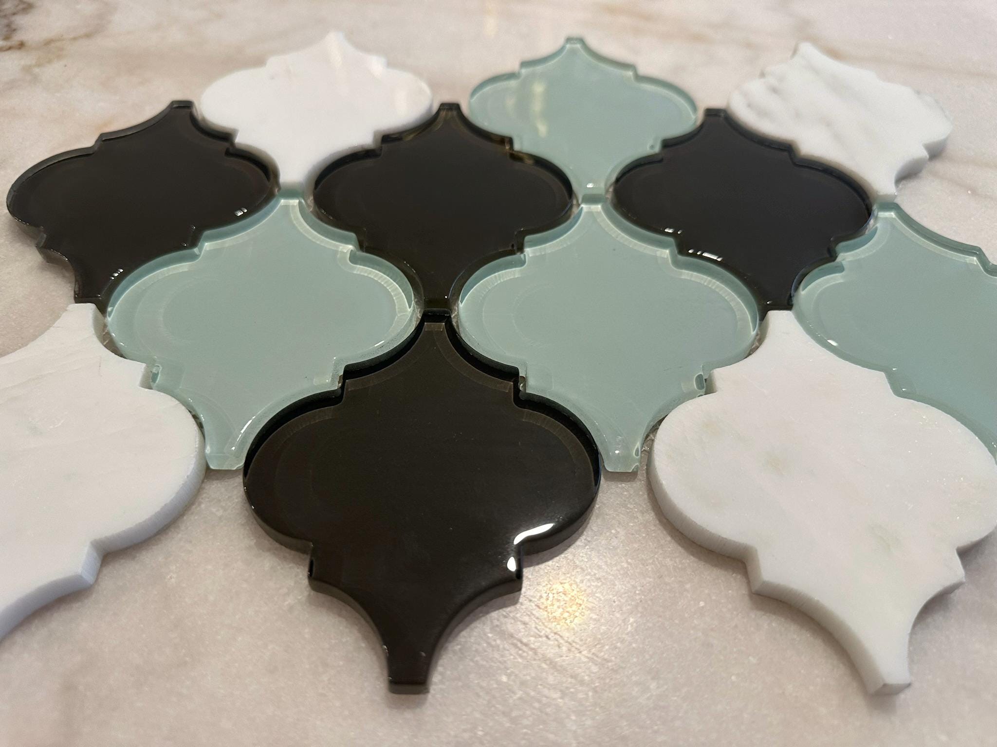 Aqua Blue and White Arabesque 9"x13" Stone and Glass Mosaic